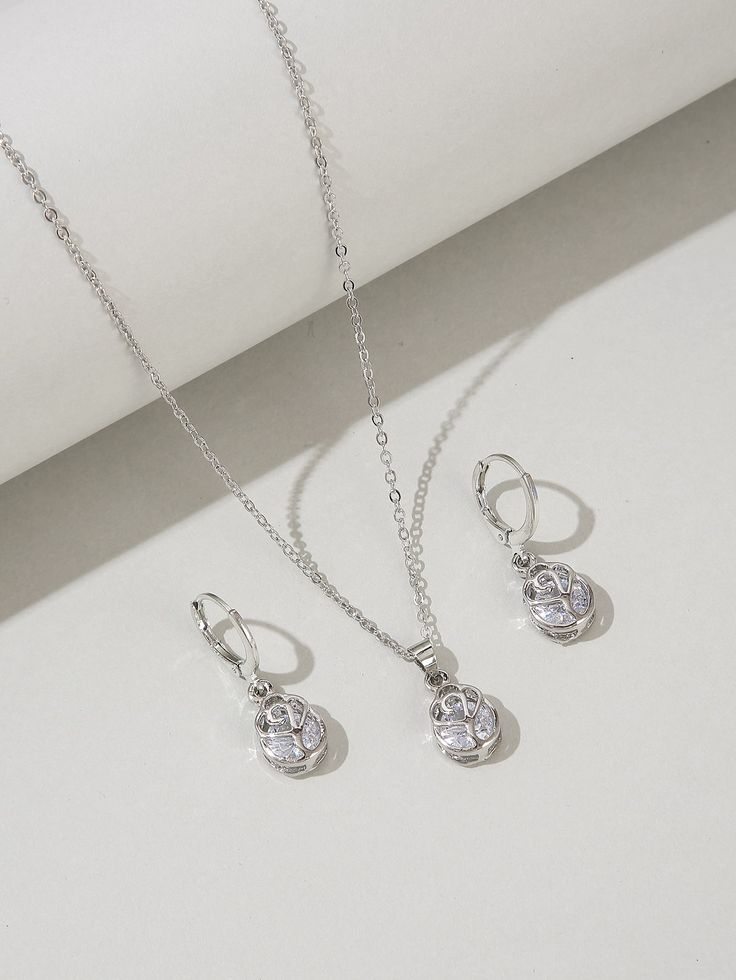 3pcs Zircon Decor Jewelry Set Bộ trang sức bạc Eternal Heart nạm đá CZ Hani Jewellery